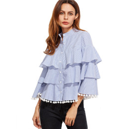 Sheinside Designer Shirts for Women Top Brand Women's Shirts Blue And White Striped Pom Pom Trim Layered Ruffle Blouse