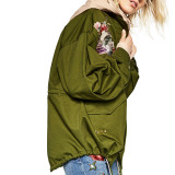 women army green floral embroidery bomber jacket patched rivet design loose flight jackets casual coat punk outwear capa CT1285