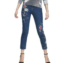 Tangada Fashion Women Blue Demin Floral Embroidery Pencil Jeans Woman Pocket Button Cozy Casual Brand Pants For Feminina