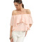 Sheinside 2016 Pink Off The Shoulder Ruffle Shirts Women's Summer Fashion Tops Plain Half Sleeve Loose Blouse