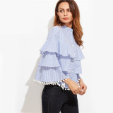 Sheinside Designer Shirts for Women Top Brand Women's Shirts Blue And White Striped Pom Pom Trim Layered Ruffle Blouse