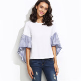 Sheinside White Striped Asymmetric Bell Sleeve Top Ladies Round Neck Color Block Half Sleeve Fashion Blouse