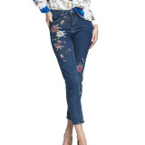 Tangada Fashion Women Blue Demin Floral Embroidery Pencil Jeans Woman Pocket Button Cozy Casual Brand Pants For Feminina
