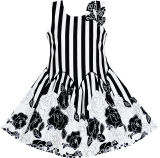 Sunny Fashion Girls Dress Sleeveless Black White Stripes Flower Bow Tie Cotton 2016 Summer Princess Wedding Party Size 7-14