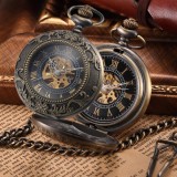 2016 Steampunk Skeleton Mechanical Bronze Pocket Watch Men Vintage Hand Wind Clock Necklace Pocket & Fob Watches With Chain