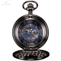 KS Antique Skeleton Blue Roman Numerals Dial Black Alloy Case Mechanical Hand Wind Long Fob Chain Clock Men Pocket Watch /KSP032