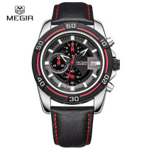 Top Luxury Brand MEGIR Men Sports Watches Men's Quartz Hours Chronograph 6 Hands Clock Man Leather Strap Military Wrist Watch