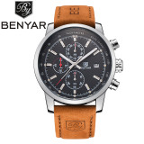BENYAR Brand Sport Men Watch Top Brand Luxury Male Leather Waterproof Chronograph Quartz Military Wrist Watch Men Clock saat