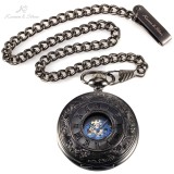 KS Antique Skeleton Blue Roman Numerals Dial Black Alloy Case Mechanical Hand Wind Long Fob Chain Clock Men Pocket Watch /KSP032