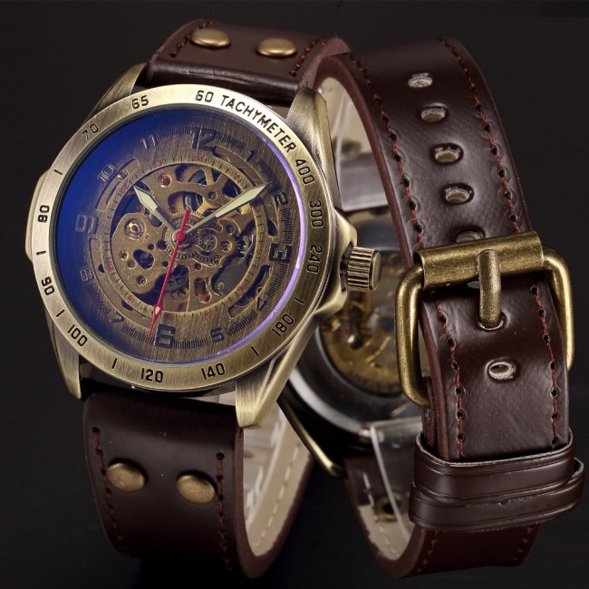 Hot Sale Antique Automatic Skeleton Mechanical Watch Men Bronze Steampunk Retro Leather Analog Wrist Watches Horloges Mannen