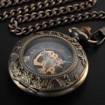 2016 Steampunk Skeleton Mechanical Bronze Pocket Watch Men Vintage Hand Wind Clock Necklace Pocket & Fob Watches With Chain
