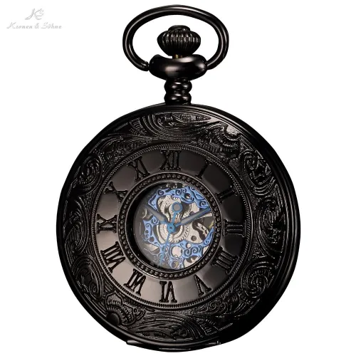 KS Antique Skeleton Blue Roman Numerals Dial Black Alloy Case Mechanical Hand Wind Long Fob Chain Clock Men Pocket Watch /KSP032