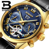 Switzerland Top Brand Watches 2016 New BINGER Clock Men Automatic Mechanical Watch Leather Strap Gold Wristwatches 3atm B-8602