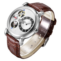 SKONE Dual Movement Automatic Mechanical Watches Men Luxury Brand Genuine Leather Mechanical SelfWind Quartz Watch reloj hombre