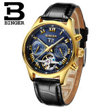 Switzerland Top Brand Watches 2016 New BINGER Clock Men Automatic Mechanical Watch Leather Strap Gold Wristwatches 3atm B-8602