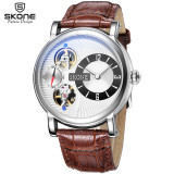 SKONE Dual Movement Automatic Mechanical Watches Men Luxury Brand Genuine Leather Watch Mechanical SelfWind Quartz Reloj Hombre