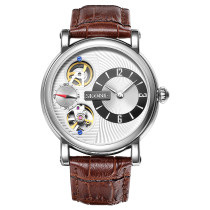 SKONE Dual Movement Automatic Mechanical Watches Men Luxury Brand Genuine Leather Watch Mechanical SelfWind Quartz Reloj Hombre