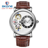 SKONE Automatic Mechanical Watches Men Luxury Brand Genuine Leather Watch Mechanical Self-Wind Quartz Dual Movement reloj hombre