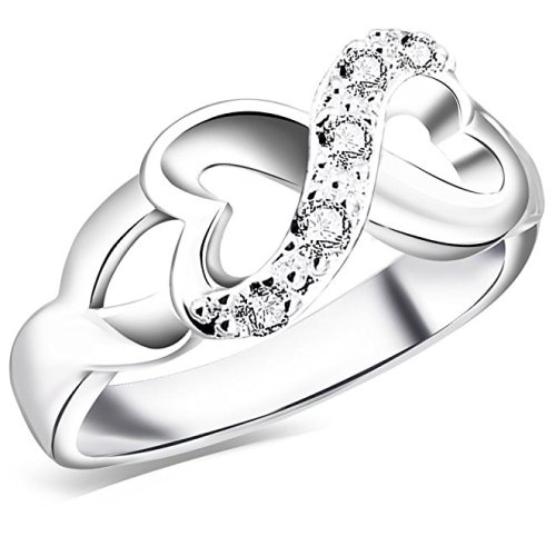 BOHG Jewelry Womens 925 Sterling Silver Plated Cubic Zirconia CZ Heart Infinity Symbol Wedding Ring