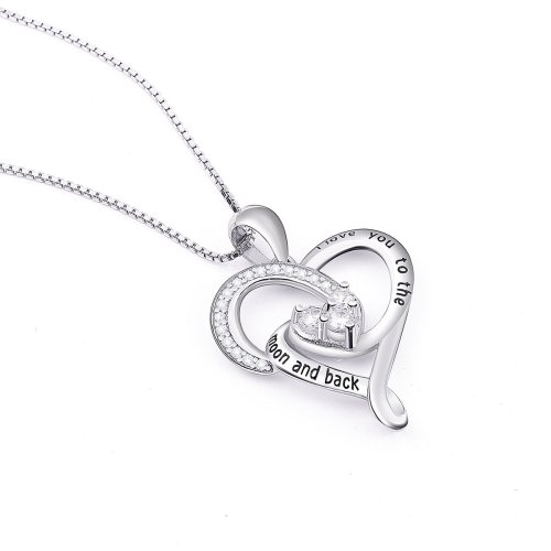 925 Sterling Silver Jewelry  I Love You To The Moon and Back  Love Heart Pendant Necklace