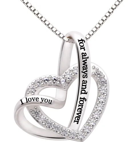 ALOV Jewelry Sterling Silver  I love you for always and forever  Love Heart Cubic Zirconia Necklace