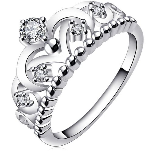 BOHG Jewelry Womens 925 Sterling Silver Plated Cubic Zirconia CZ Princess Crown Tiara Ring Wedding Band