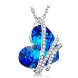 Sapphire Sterling Silver Diamond 3 Stone Heart Pendant Necklace