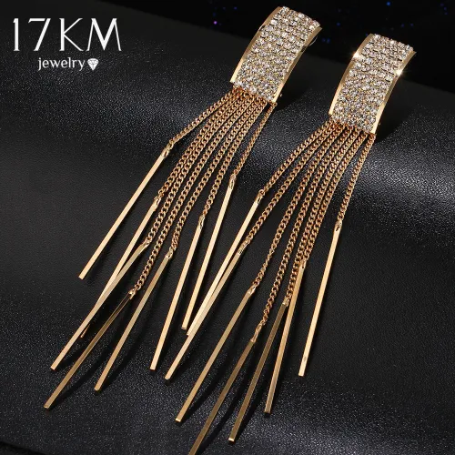 17KM Brand New Gold Color Long Crystal Tassel Dangle Earrings for Women Bar Wedding Drop Earing Fashion Jewelry Gifts