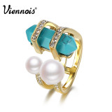 Viennois New Fashion Jewelry Bohemia Gold Plated Rings For Women Vintage Double Simulated Pearls & Turquoise Female Finger Ring