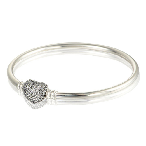 100% 925 Sterling SIlver Heart Bangles with Clear CZ Bracelets For Women Fits European Famous Brand Jewelry Accessories