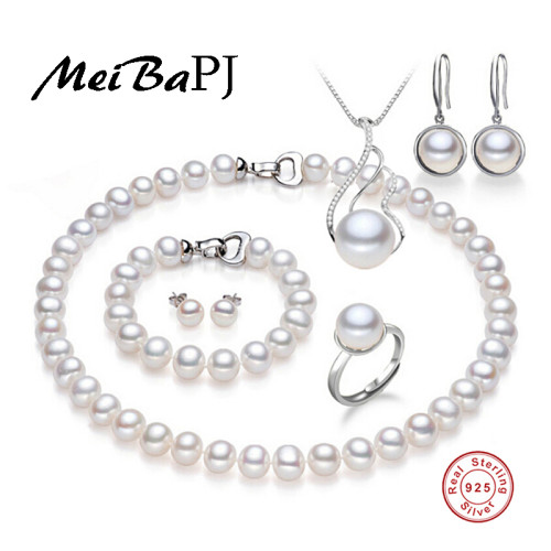 [MeiBaPJ] 925 sterling silver 6 items sets 100% real natural pearl jewelry set for women top quality white color gift box