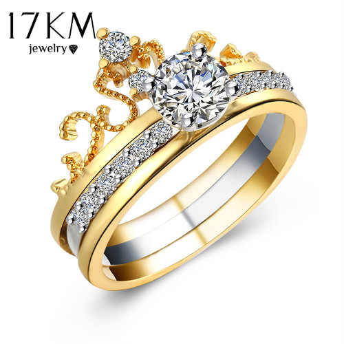 17KM Hot sale Fashion Luxury Gold Color Crystal Zircon Crown Women Engagement Jewelry Female Wedding Finger Flower Ring