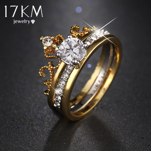 17KM Hot sale Fashion Luxury Gold Color Crystal Zircon Crown Women Engagement Jewelry Female Wedding Finger Flower Ring