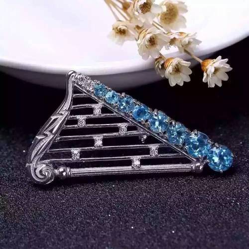 Natural blue topaz brooch S925 silver Natural yellow crystal brooch Pendant trendy Elegant pipa women two wears jewelry