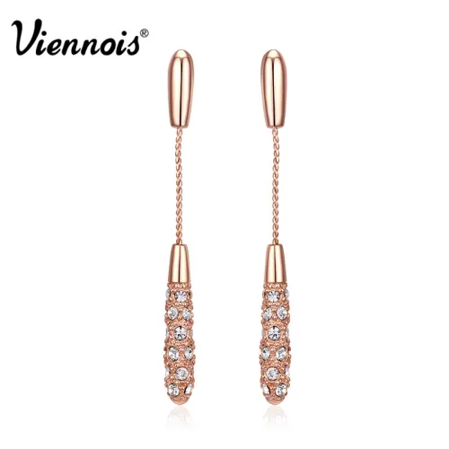Hot Viennois Fashion Jewelry Luxury Vintage Long Drop Earrings Rhinestone Silver & Rose Gold Plated Dangle Earrings for Woman