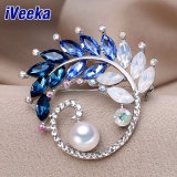 Veeka Luxury Brooches Big Freshwater Pearls Fine Jewelry with Sparking Blue Crystal Gold and Silver Two Color for Choice