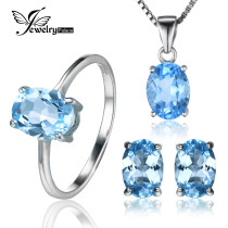 JewelryPalace Oval 5.8ct Natrual Blue Topaz Ring Stud Earrings Pendant Necklace 925 Sterling Silver Jewelry Sets 45cm Box Chain