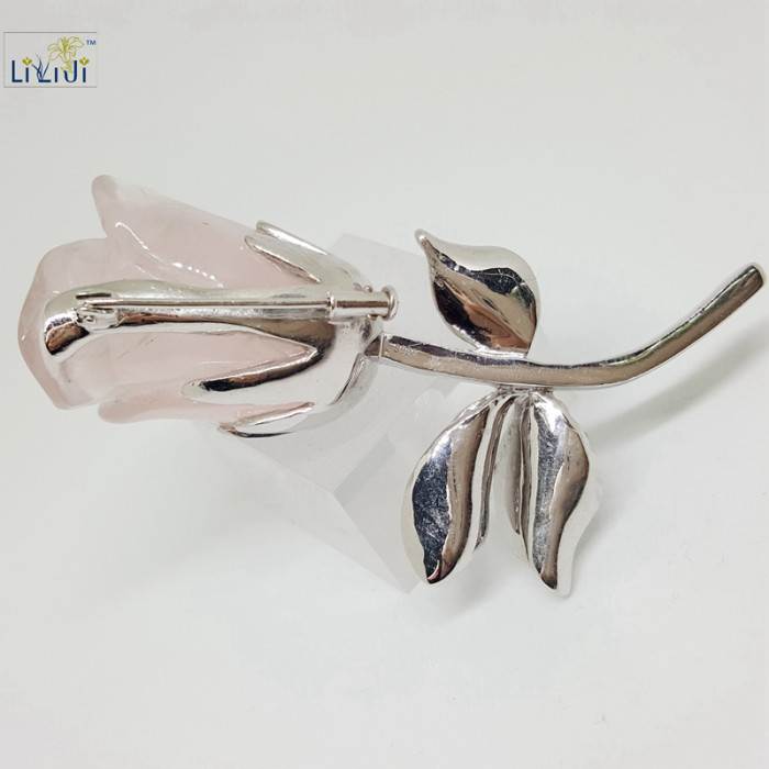 ii Ji Natural Rose Quartz with 925 Sterling Silver Rose shape Brooch