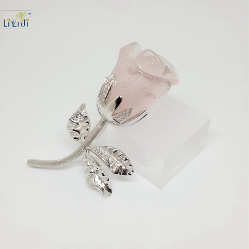 ii Ji Natural Rose Quartz with 925 Sterling Silver Rose shape Brooch