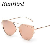 RunBird 2017 New Cat Eye Sunglasses Women Brand Designer Fashion Twin-Beams Rose Gold Mirror Cateye Sun Glasses For Female UV400