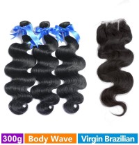 RECHOO 3 Bundles Brazilian Virgin Hair 300g With 4*4 3 Part Closure Body Wavy