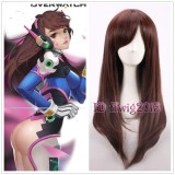 Free Shipping Overwatch OW D.va Cosplay wig 60cm long straight dark brown wig +a wig cap
