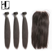 5A Raw Indian Virgin Human Hair Wigs Straight 3 Bundles With A Lace Closure Best Match Mixed Length Available