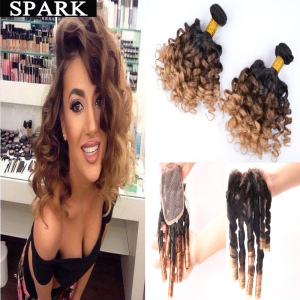 Ombre Brazilian Virgin Hair Spiral Curly with Closure 2/3/4 Bundles with Lace Frontal Closure Kinky Curly Weave Human Hair Wigs