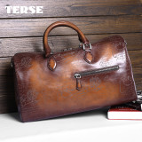TERSE_Duffel bag large capacity handmade genuine leather tote bag with engraving tobacco handbag mens travel bag custom service