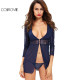 COLROVIE Sexy Ladies European Style Clothing Women Long Sleeve Plunge Top Dark Blue Floral Lace Sheer Sleepwear Set