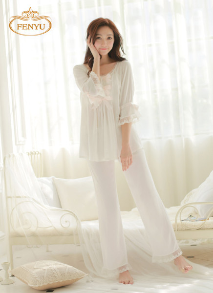 Free Shipping Princess Women's White Pajamas Pants Set Lace Decoration Sleepwear pijamas femininos verao