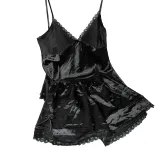2016 summer style pajamas sets Women Female Sleep set Women's Deep V-neck Sexy Spaghetti Strap Shorts Sleepwear silk homewear