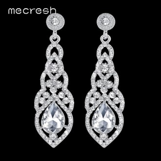 Mecresh Crystal Wedding Long Earrings for Women Silver Champagne Blue Color