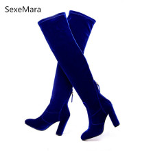 Top Quality Blue Wine Red Luxury Velvet Upper Sexy Pointed Toe Women Boots